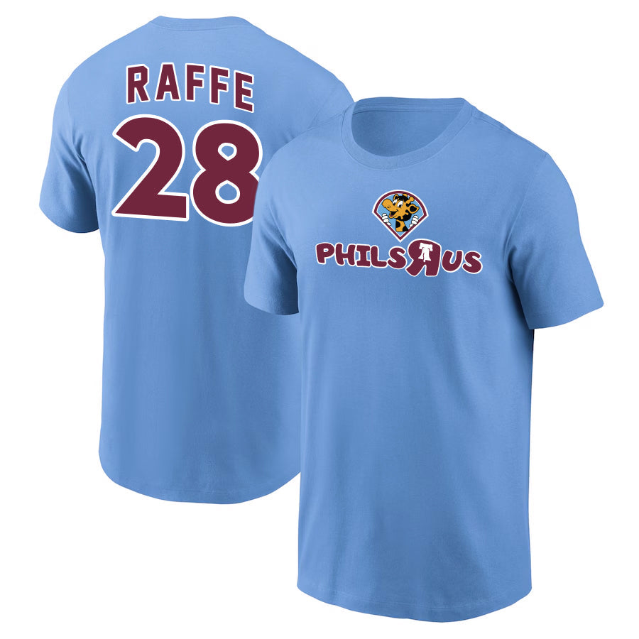 Light blue t-shirt with 'RAFFE 28' on the back and 'PHILS RUS' logo on the front.