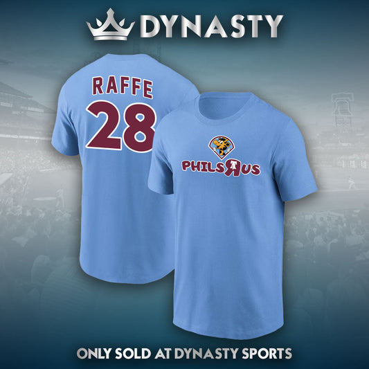 Blue t-shirt with 'RAFFE 28' on the back and 'PHILS AUS' logo on the front, branded with 'Dynasty'.