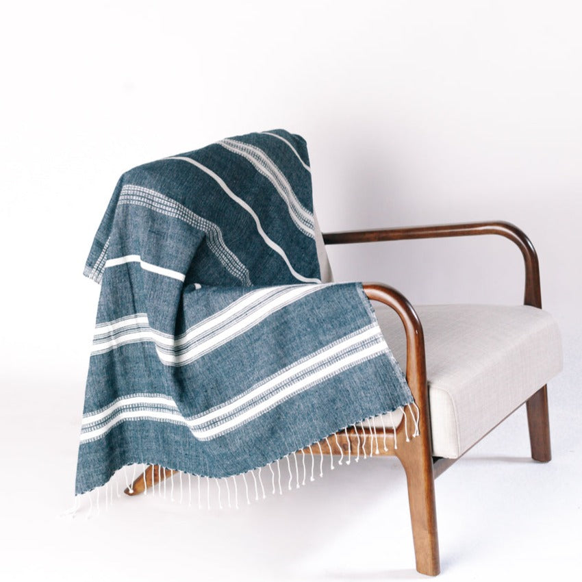 Aden Navy/Natural Striped Throw in Hand-Spun Ethiopian Cotton for Home or Travel