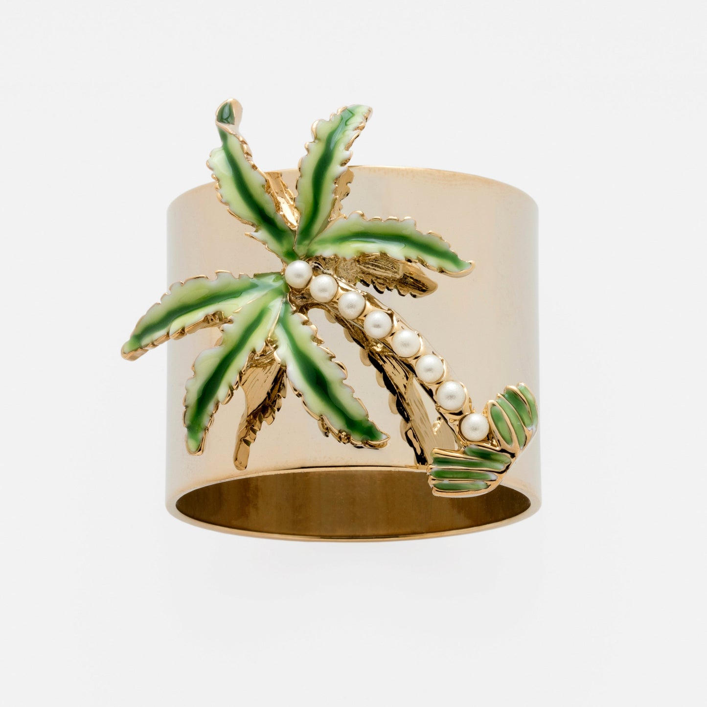 Palm Tree Napkin Rings Set of Two Enamel Faux Pearl Tropical Glam Gift
