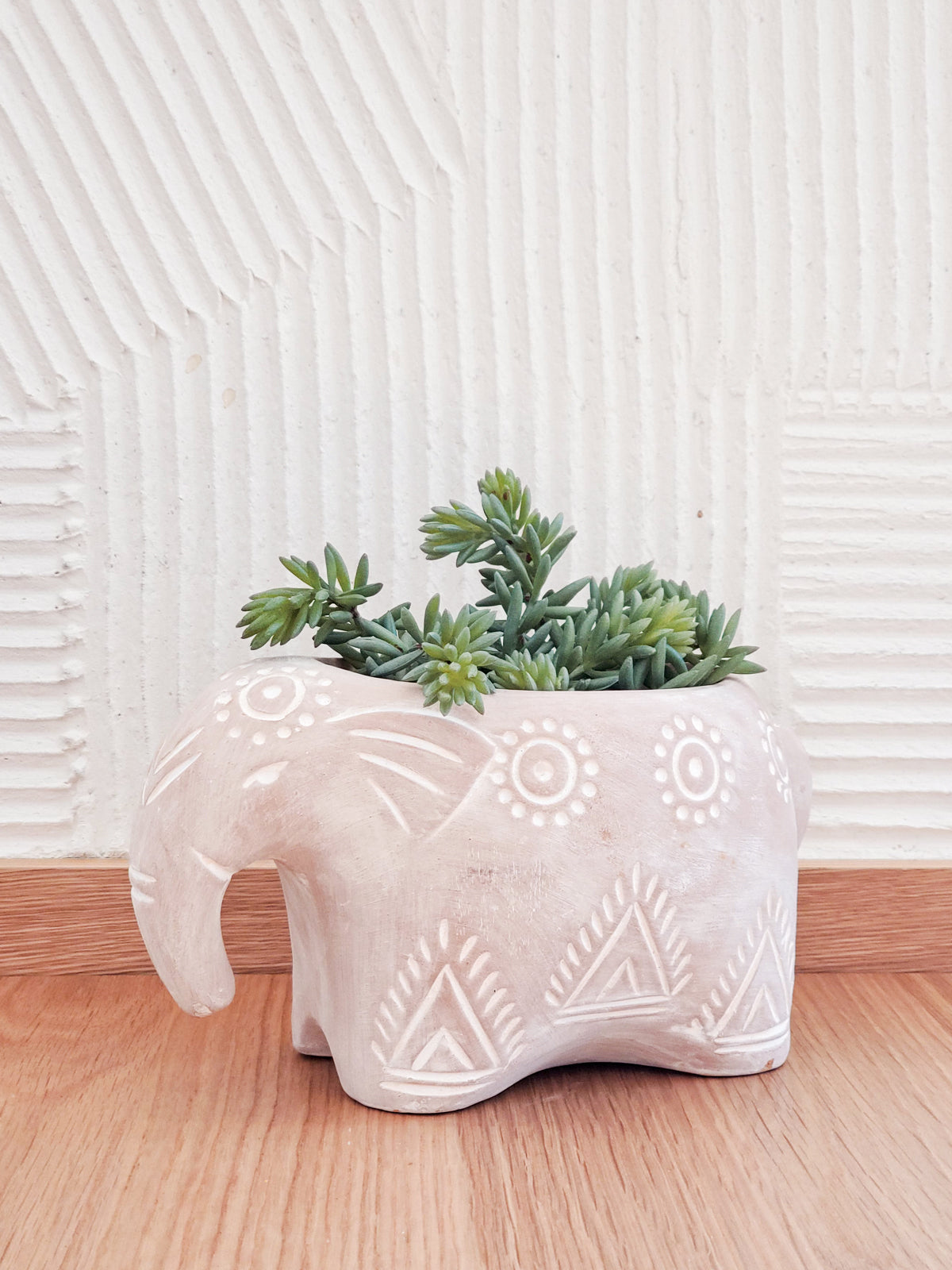 Handmade Terracotta Folk Elephant Planter, Natural Clay with Drainage Hole