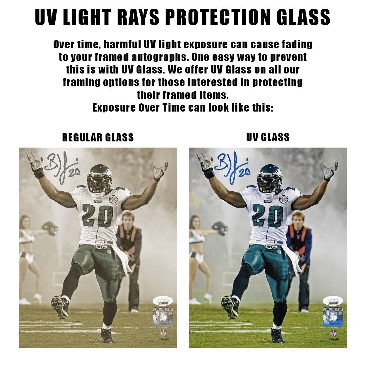 Advertisement for UV light rays protection glass with a football player image showing the difference between regular glass and UV glass.