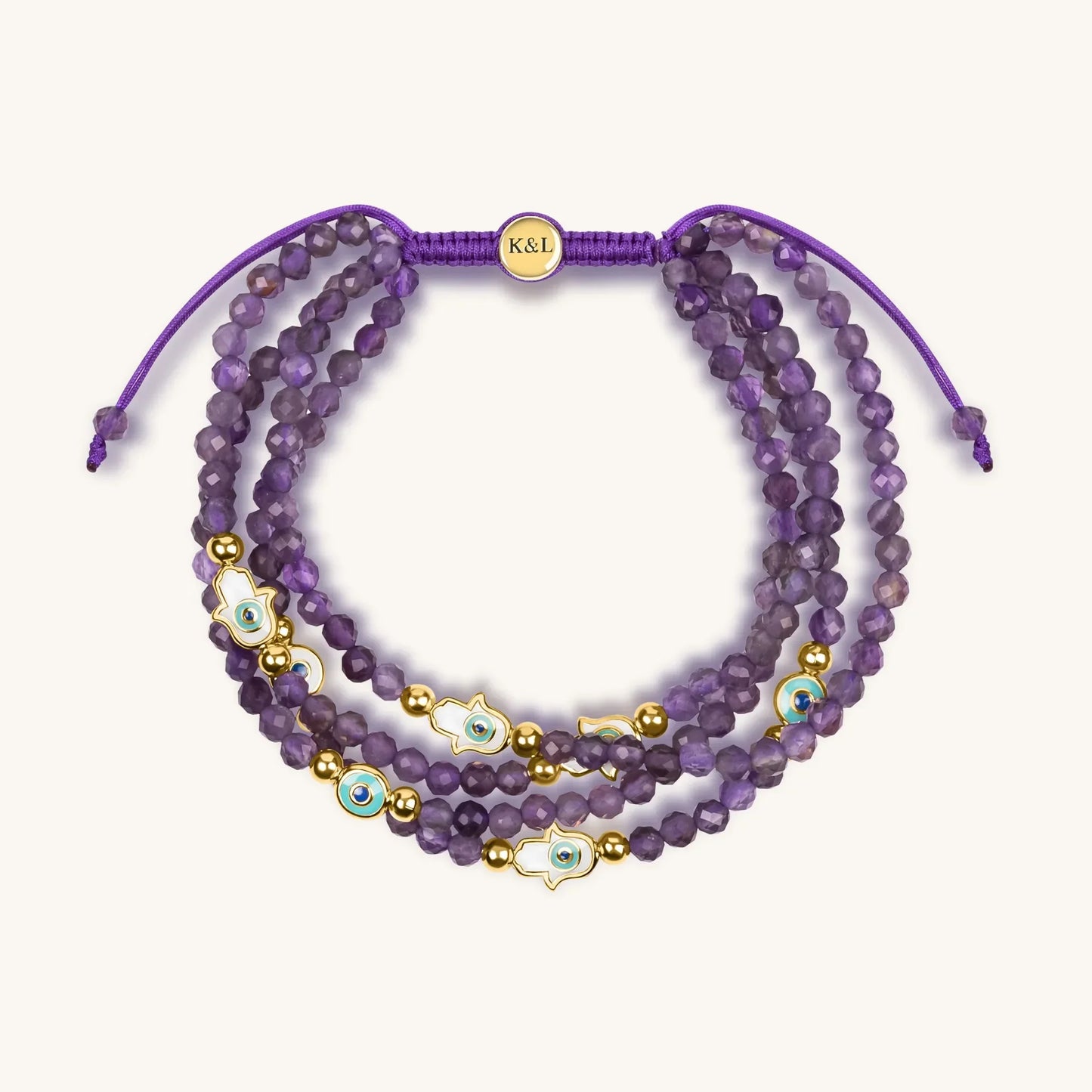 Inner Wisdom Amethyst Hamsa Evil Eye Charm Bracelet — 18K Gold-Plated