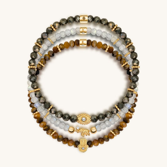 Fierce Spirit - Tiger's Eye Labradorite Pyrite Triple Protection Bracelet Stack