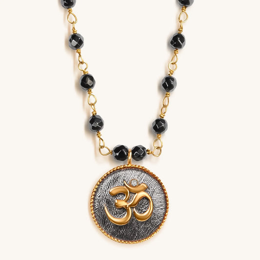 Grounding Serenity Hematite & OM Charm Necklace — 18K Gold Plated