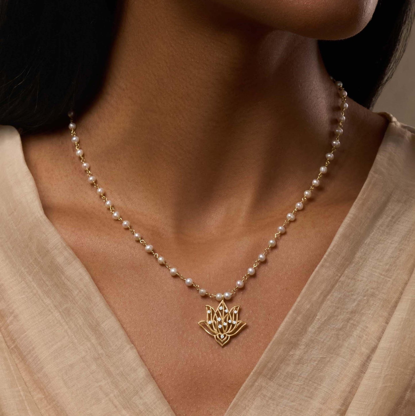 Renewed Intuition Lotus Pearl Necklace — 18K Gold-Plated with CZ