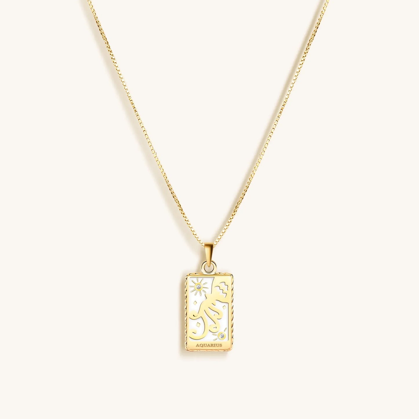 Intelligent Expression White Enamel Aquarius Card Necklace — 18K Gold