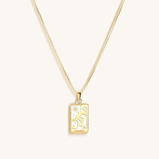 Intelligent Expression White Enamel Aquarius Card Necklace — 18K Gold