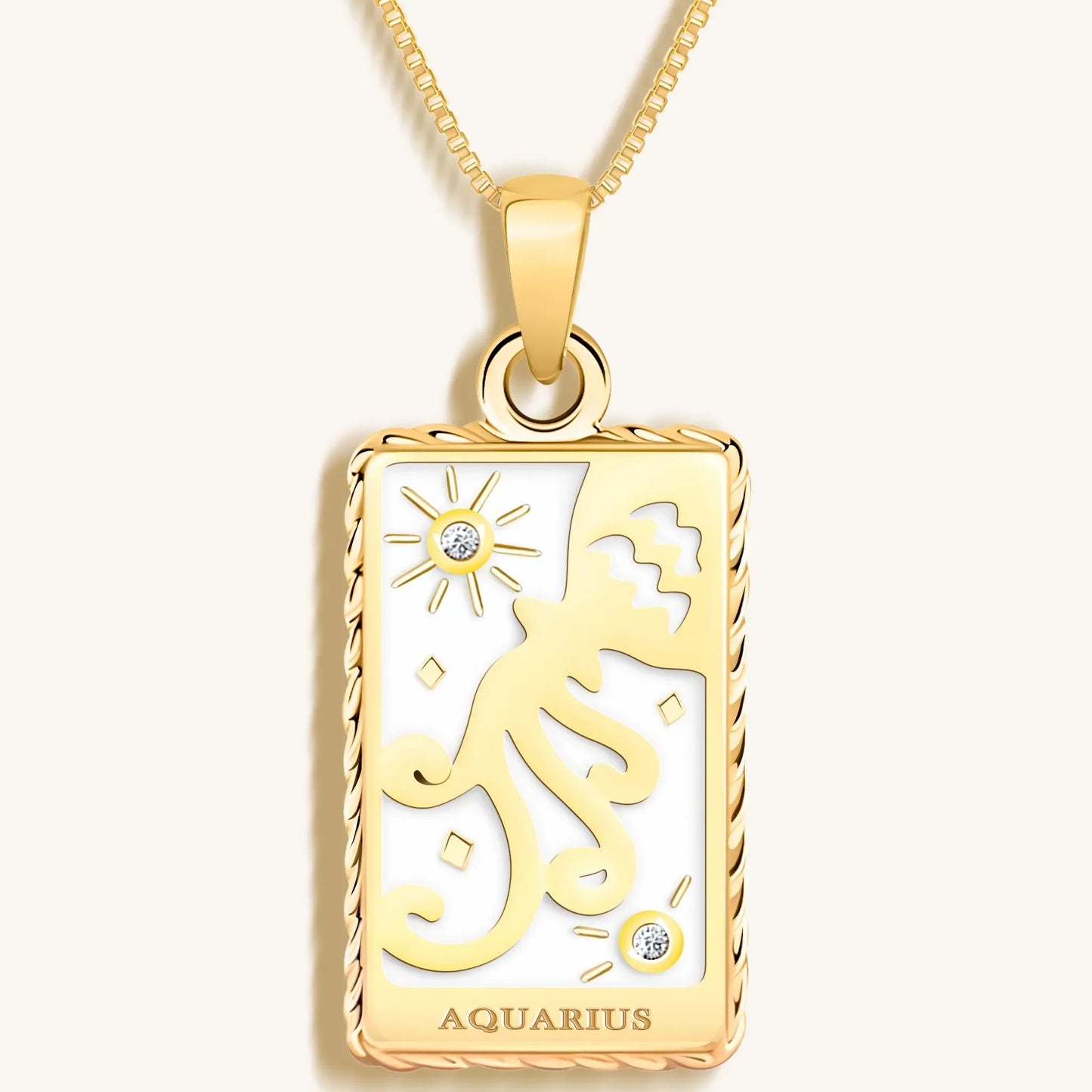Intelligent Expression White Enamel Aquarius Card Necklace — 18K Gold