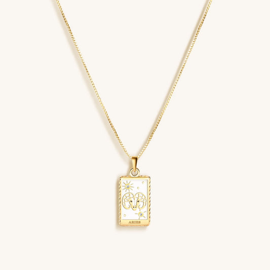 Courageous Soul White Enamel Aries Card Necklace — 18K Gold Plated