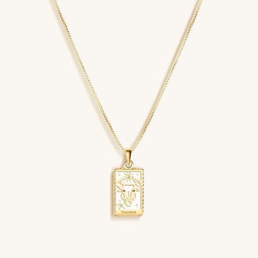 Patient Progress White Enamel Taurus Card Necklace — 18K Gold-Plated