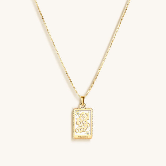 Playful Mind White Enamel Gemini Card Necklace — 18K Gold-Plated