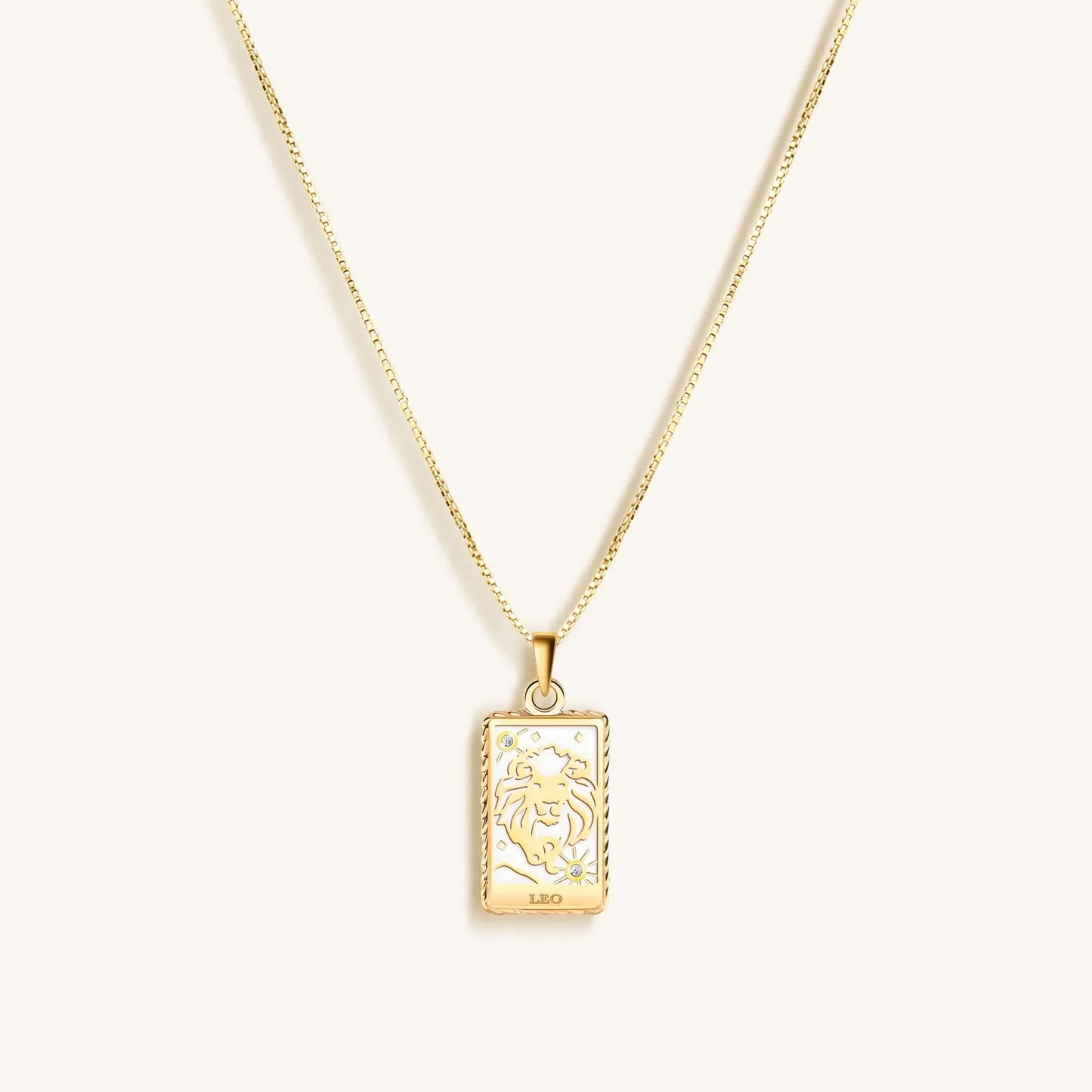 Generous Enthusiasm White Enamel Leo Card Necklace — 18K Gold Plated .