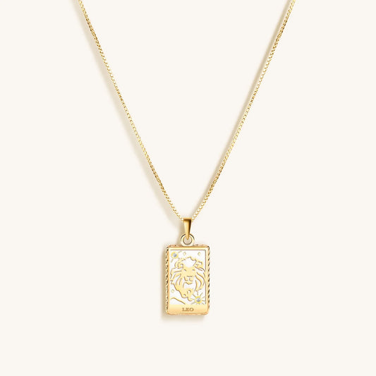 Generous Enthusiasm White Enamel Leo Card Necklace — 18K Gold Plated .