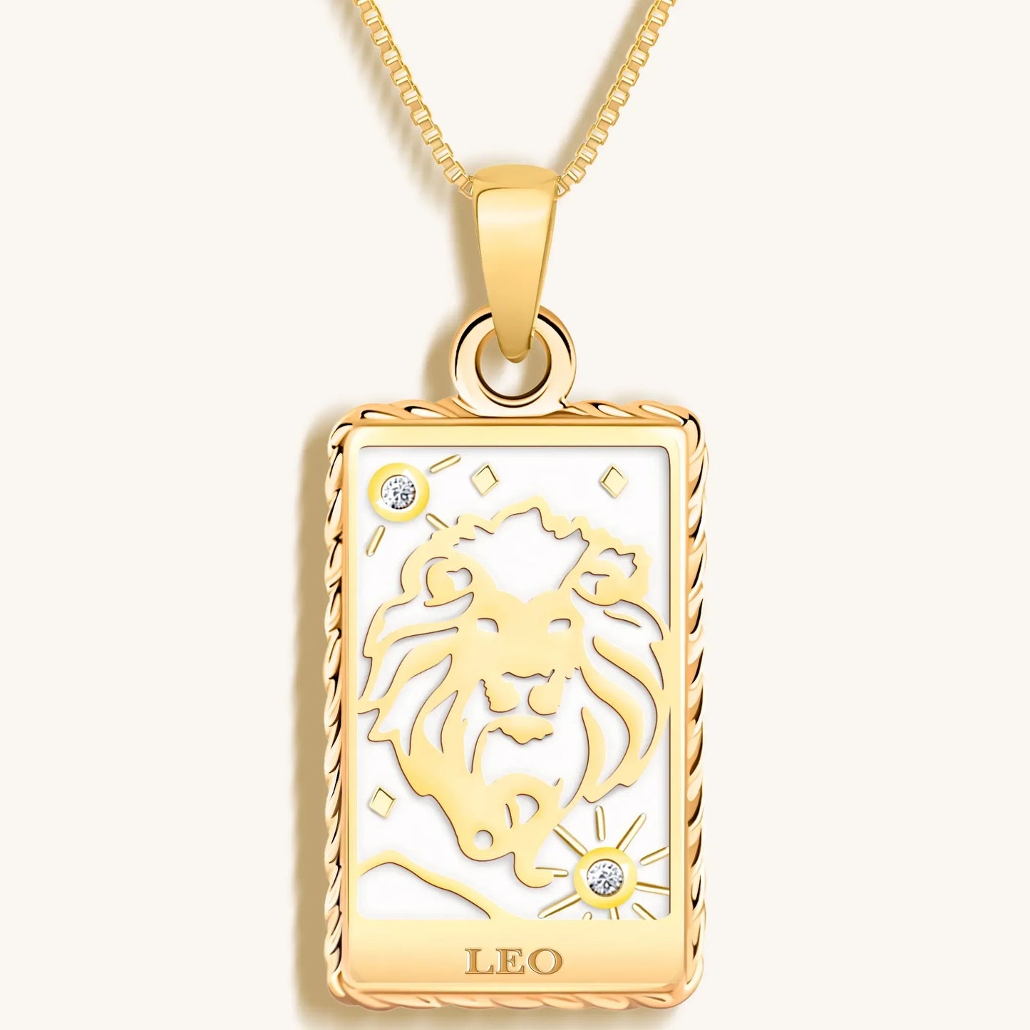 Generous Enthusiasm White Enamel Leo Card Necklace — 18K Gold Plated .