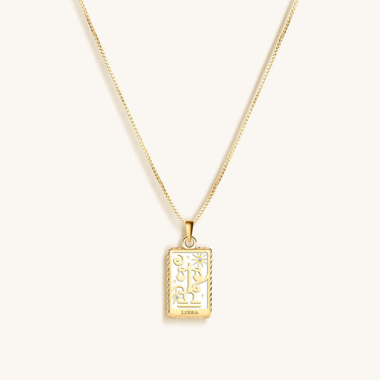 Charming Grace White Enamel Libra Card Necklace — 18K Gold-Plated