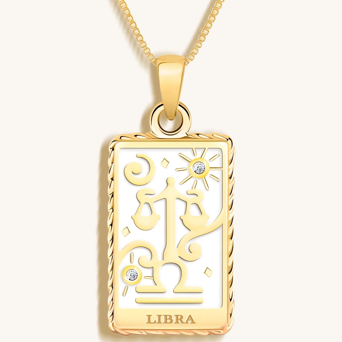 Charming Grace White Enamel Libra Card Necklace — 18K Gold-Plated