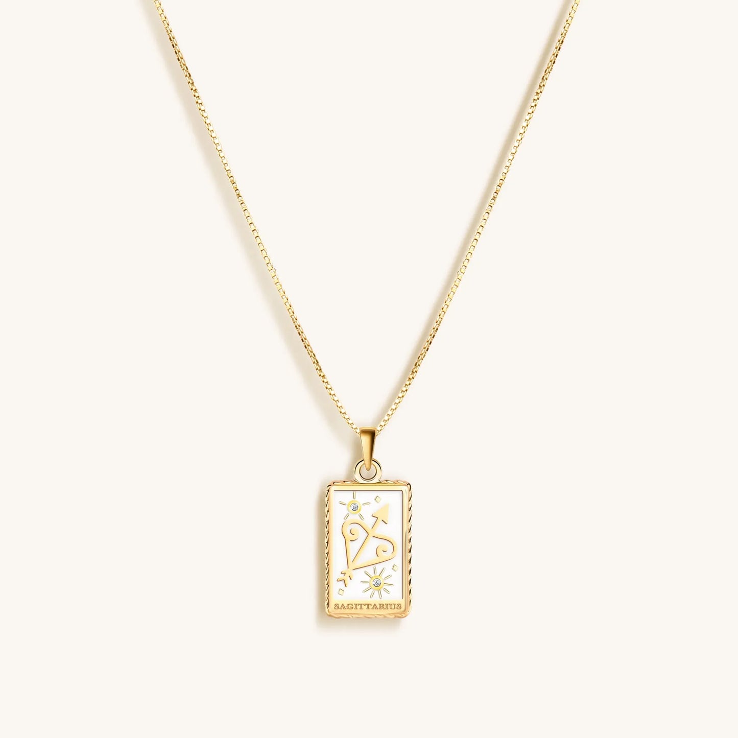 Optimistic Temperament White Enamel Sagittarius Card Necklace—18K Gold