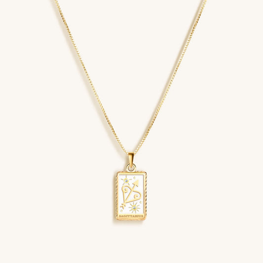 Optimistic Temperament White Enamel Sagittarius Card Necklace—18K Gold