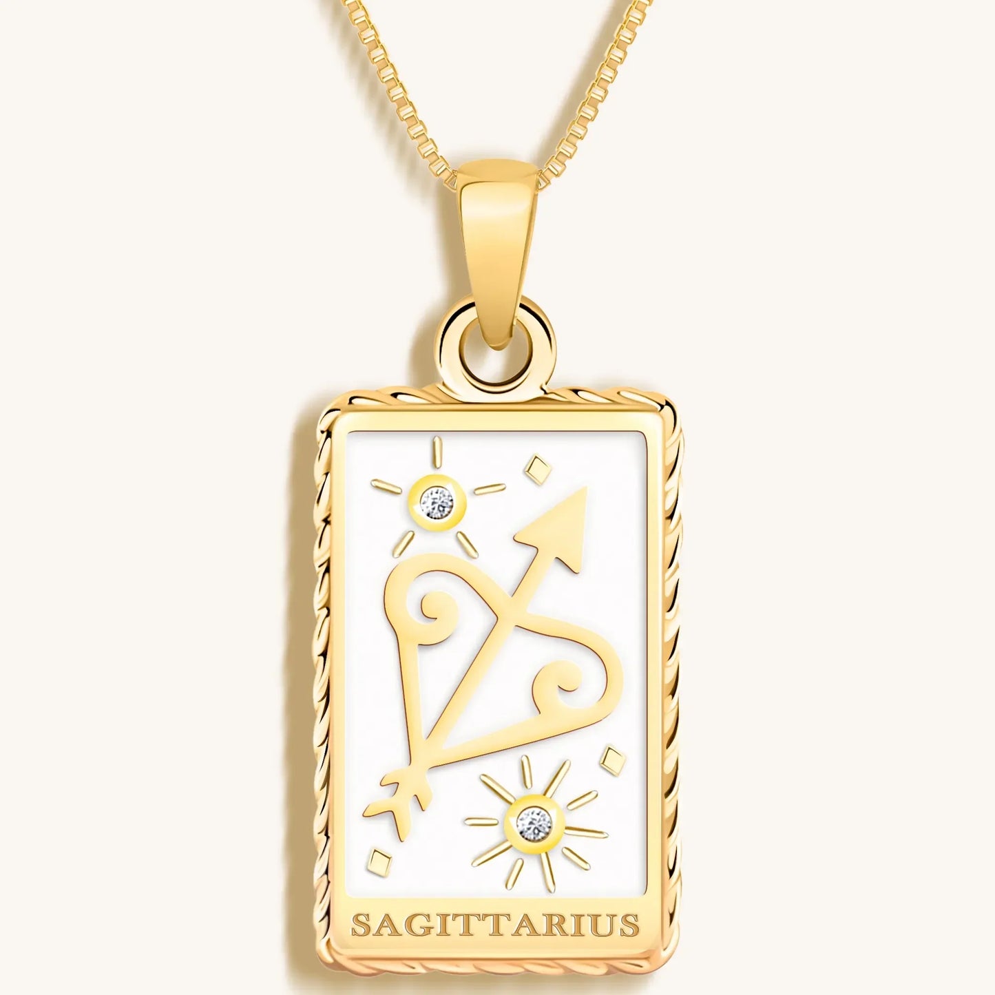Optimistic Temperament White Enamel Sagittarius Card Necklace—18K Gold
