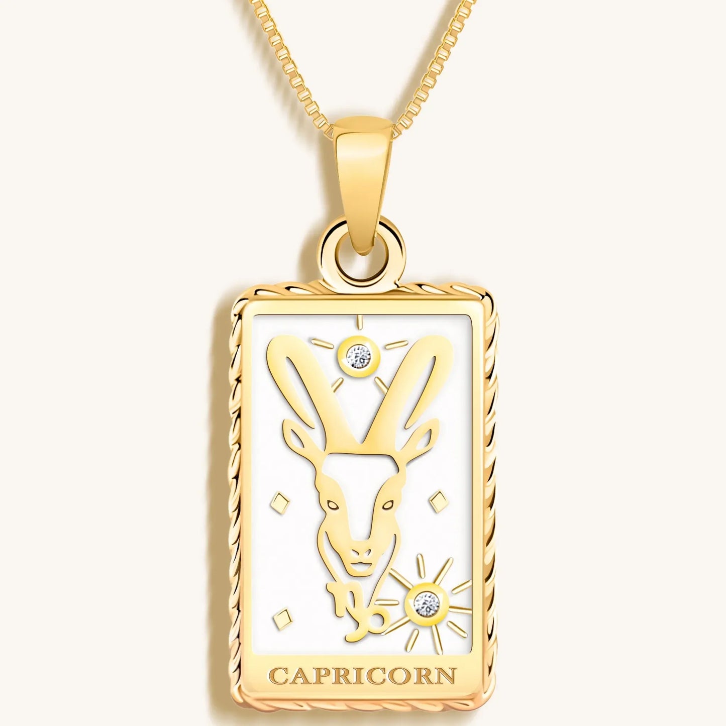 Determined Spirit White Enamel Capricorn Card Necklace — 18K Gold