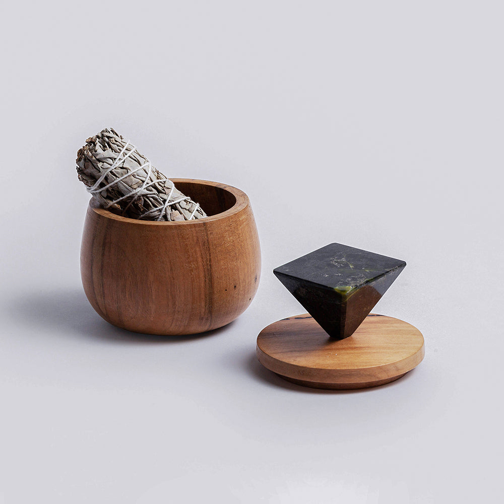 Round Wooden Jewel Box with Black Onyx Pyramid Handle
