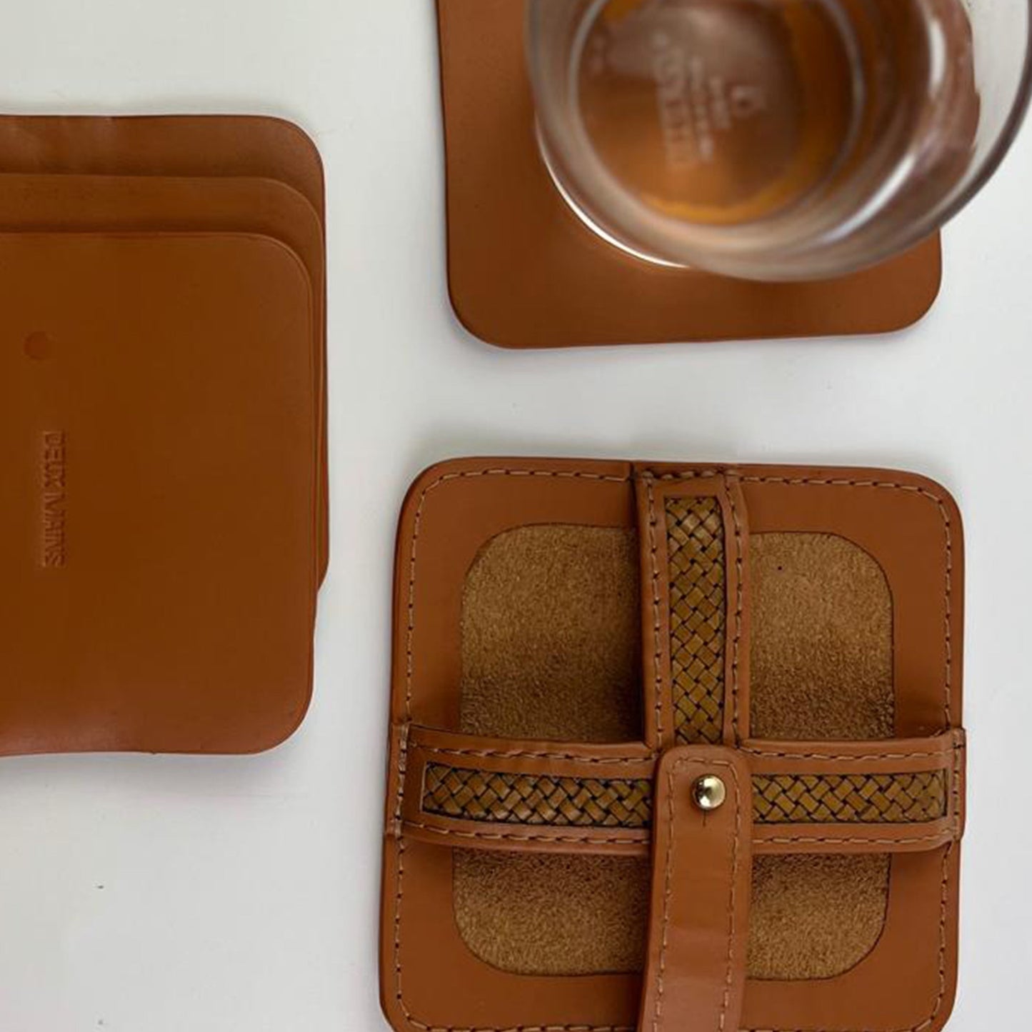 Woven Leather Coaster Set of 4 with Holder
