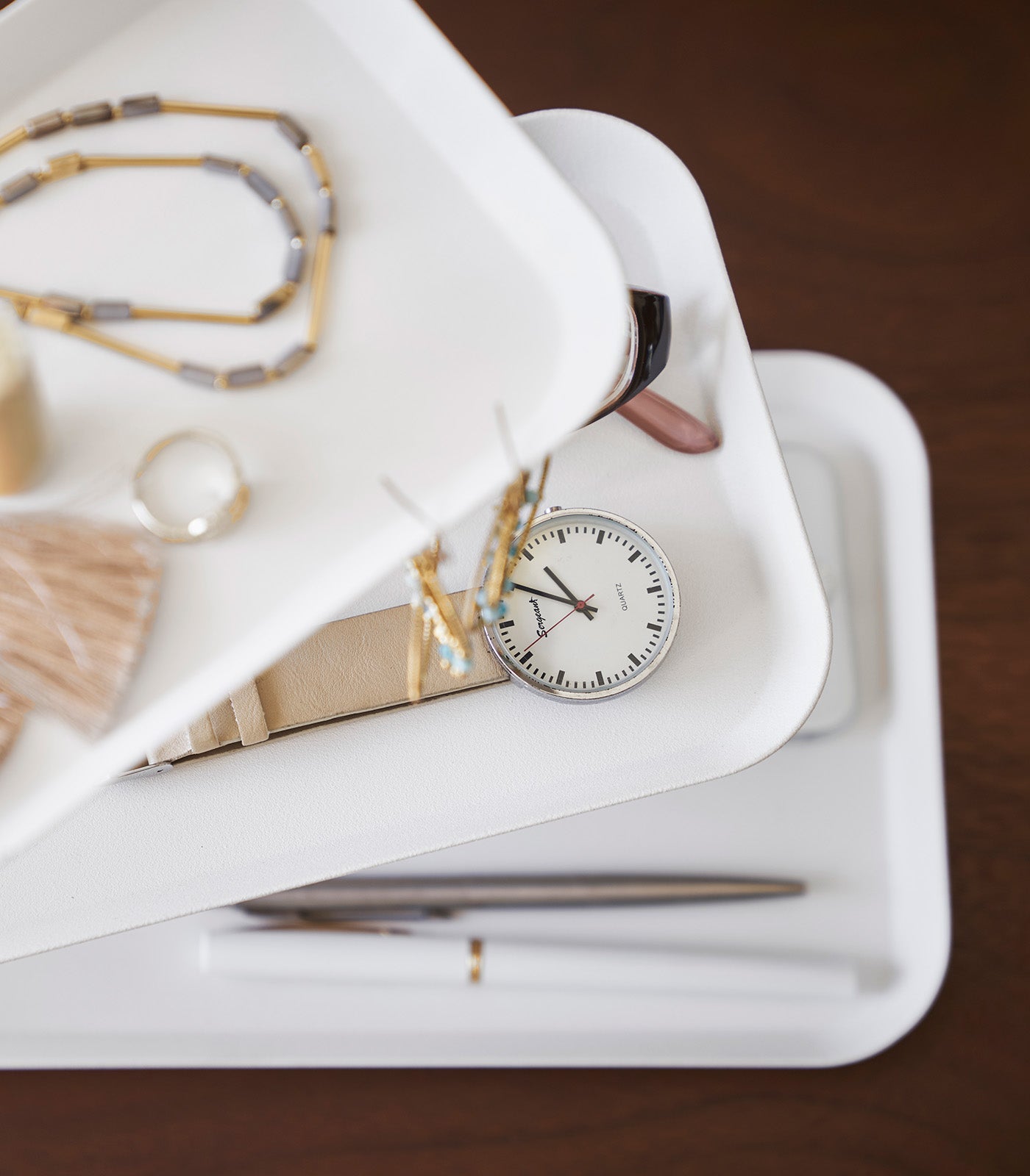Three-Tier Steel Display Tray — Wood Rod Accent