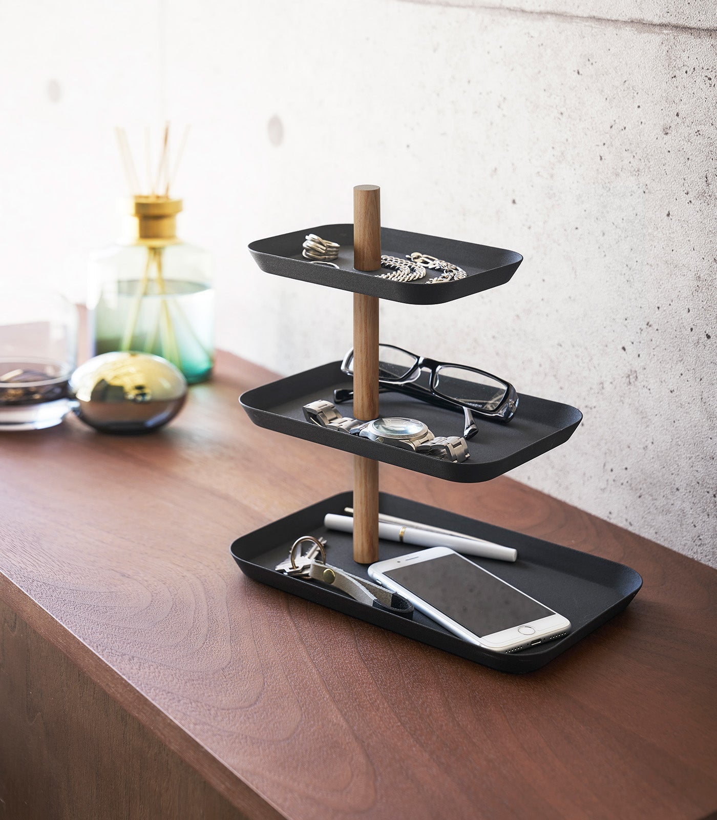 Three-Tier Steel Display Tray — Wood Rod Accent