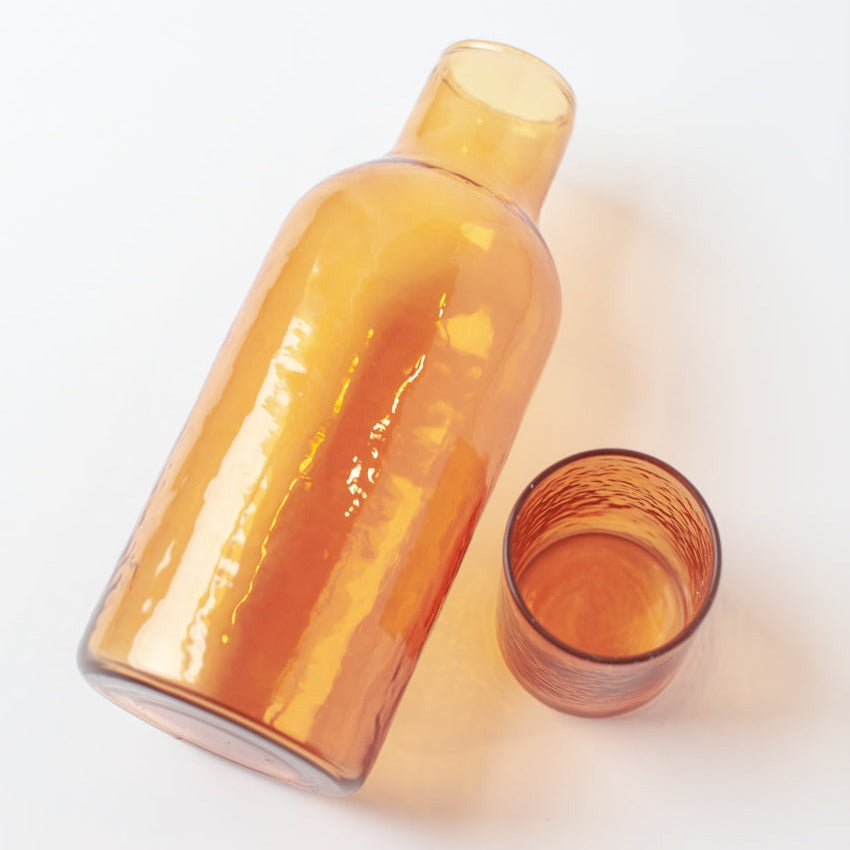 Handblown Amber Recycled Glass Carafe Set with Cup-Lid Tumbler