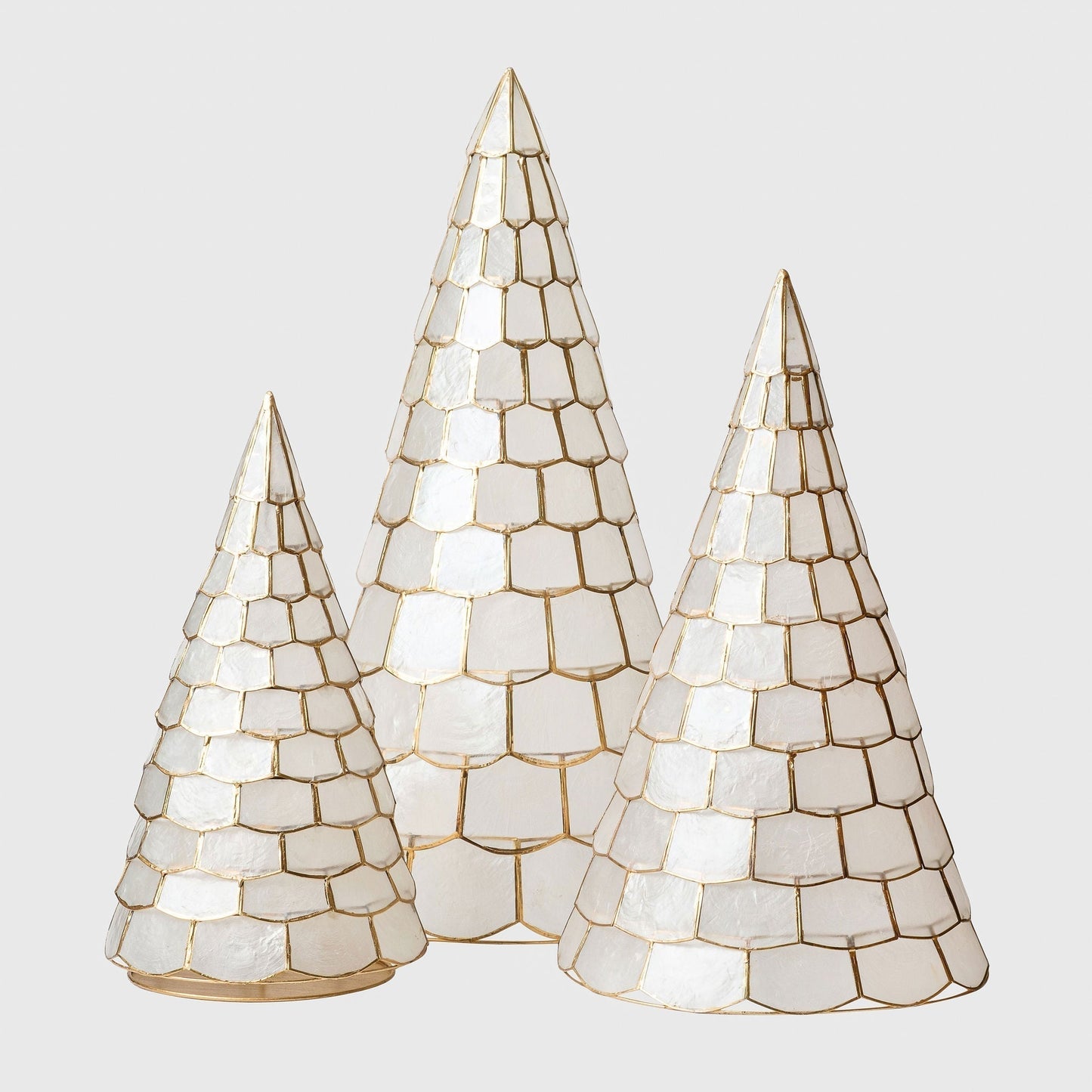 White Capiz Christmas Trees, Set of Three, Glowing Sculptural Decor