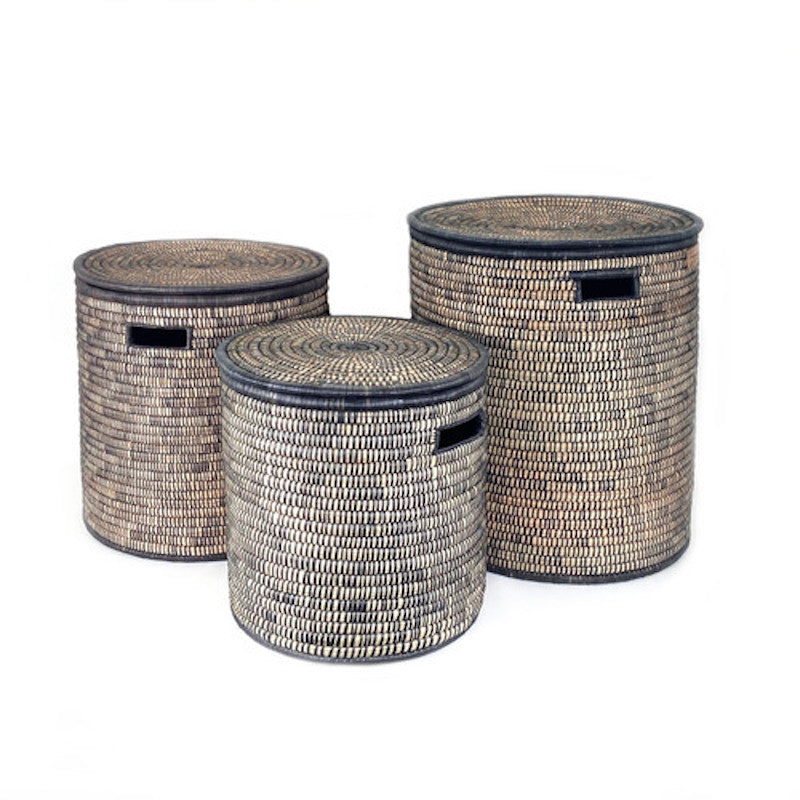 Black Malawi Medium Lidded Storage Basket in Handwoven Palm Leaves