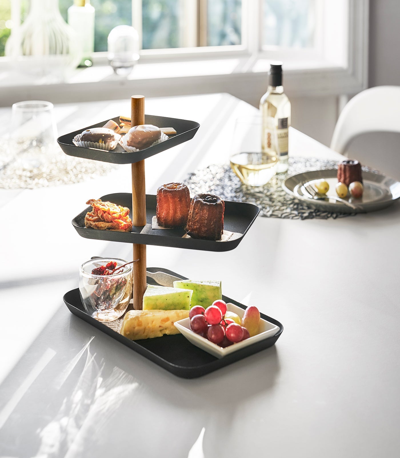 Three-Tier Steel Display Tray — Wood Rod Accent