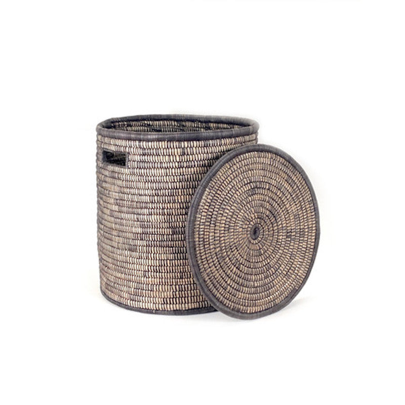 Black Malawi Medium Lidded Storage Basket in Handwoven Palm Leaves
