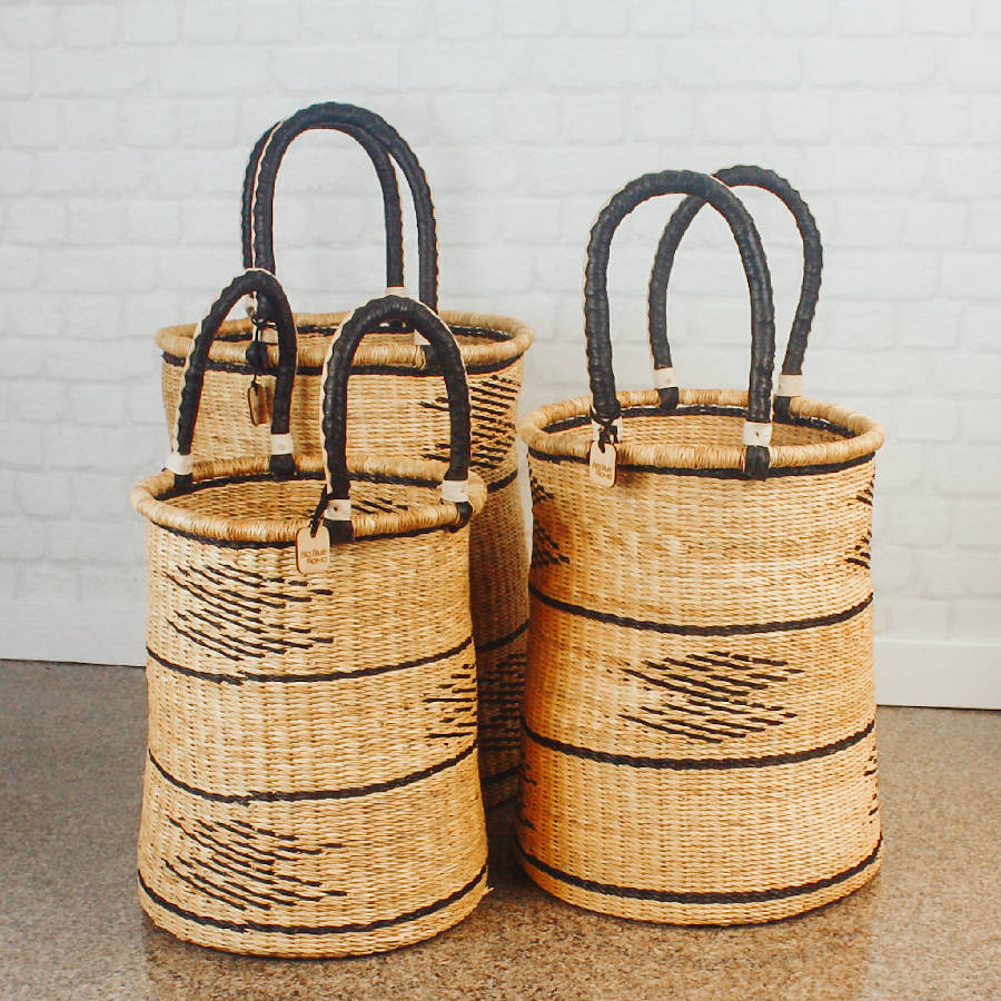 Bolga Handwoven Laundry Hamper in Natural Palette with Leather Handles