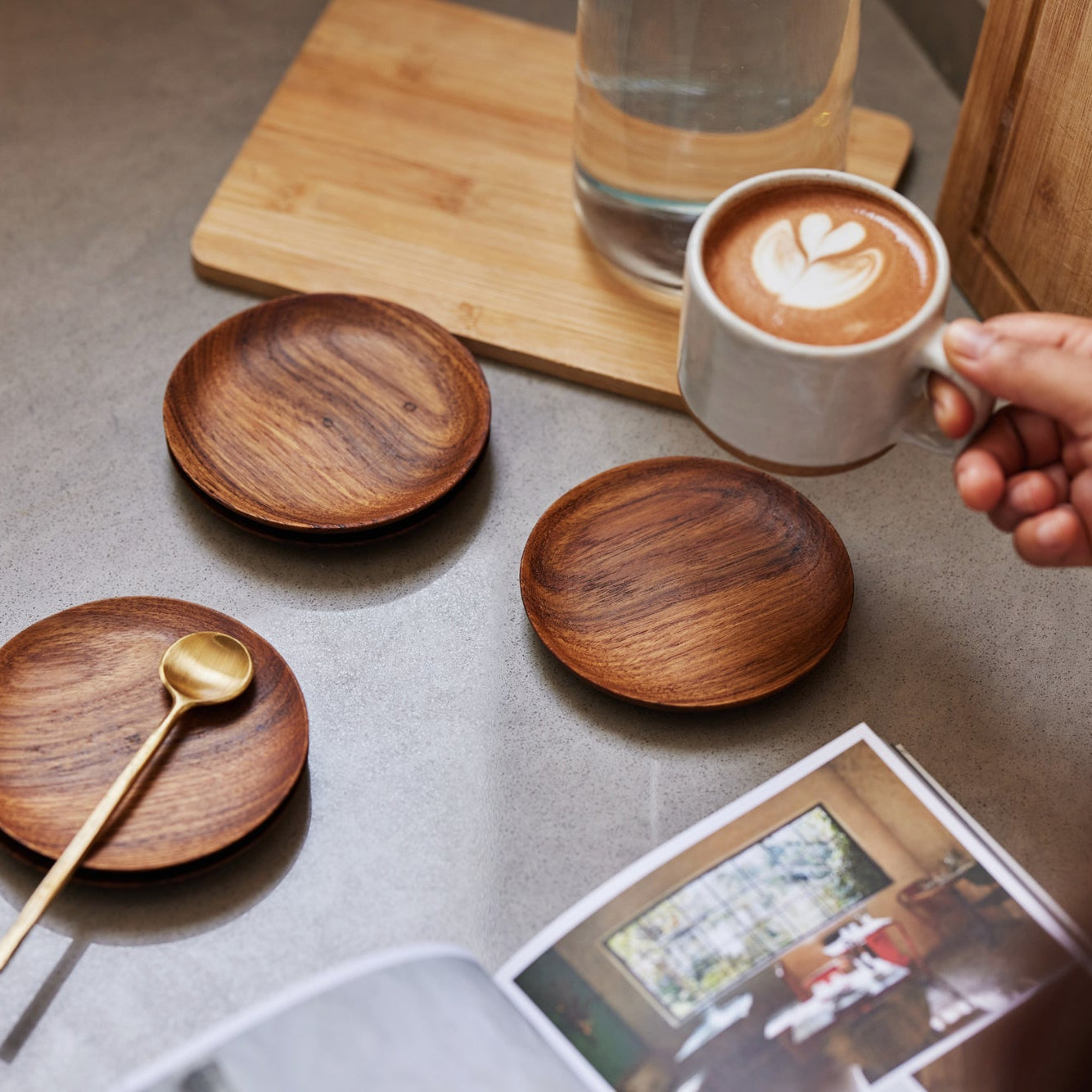 Teak Wood Coasters Set of Four with Saucer Shape