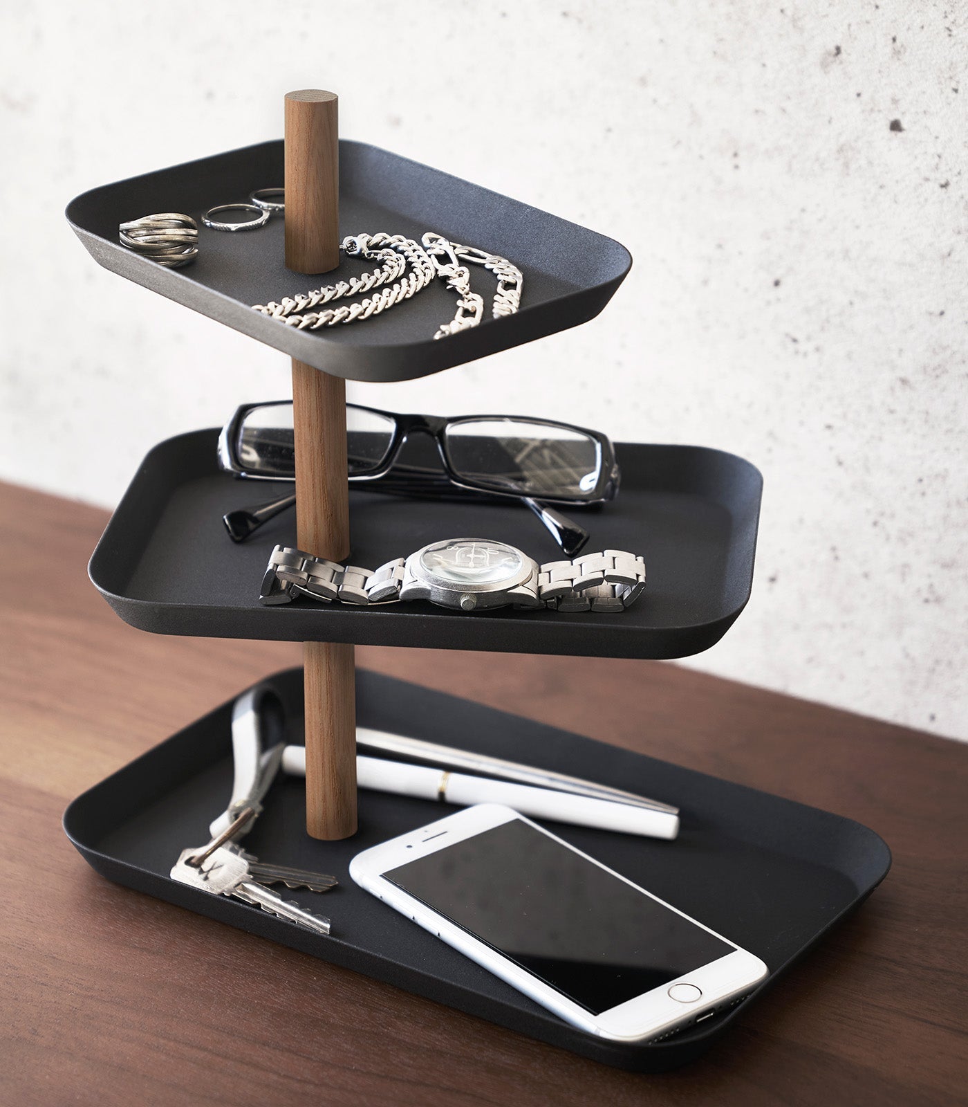 Three-Tier Steel Display Tray — Wood Rod Accent