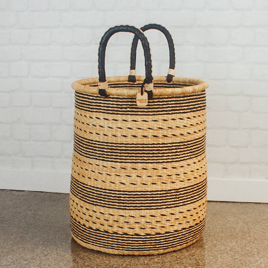 Bolga Handwoven Laundry Hamper in Natural Palette with Leather Handles