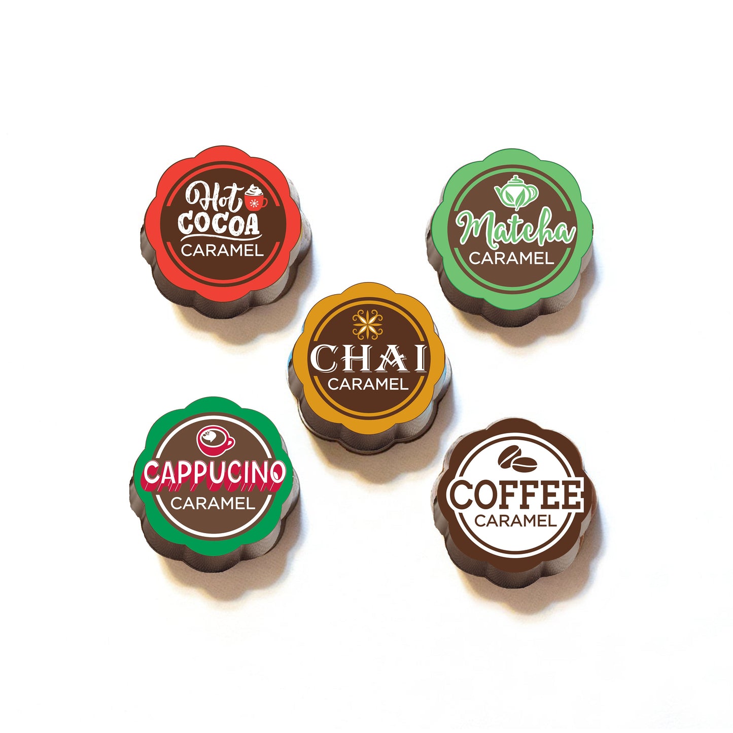 A set of chocolate covered caramels with various flavors indicated by color and label, including coffee, capuccino, chai, hot chocolate, and matcha.