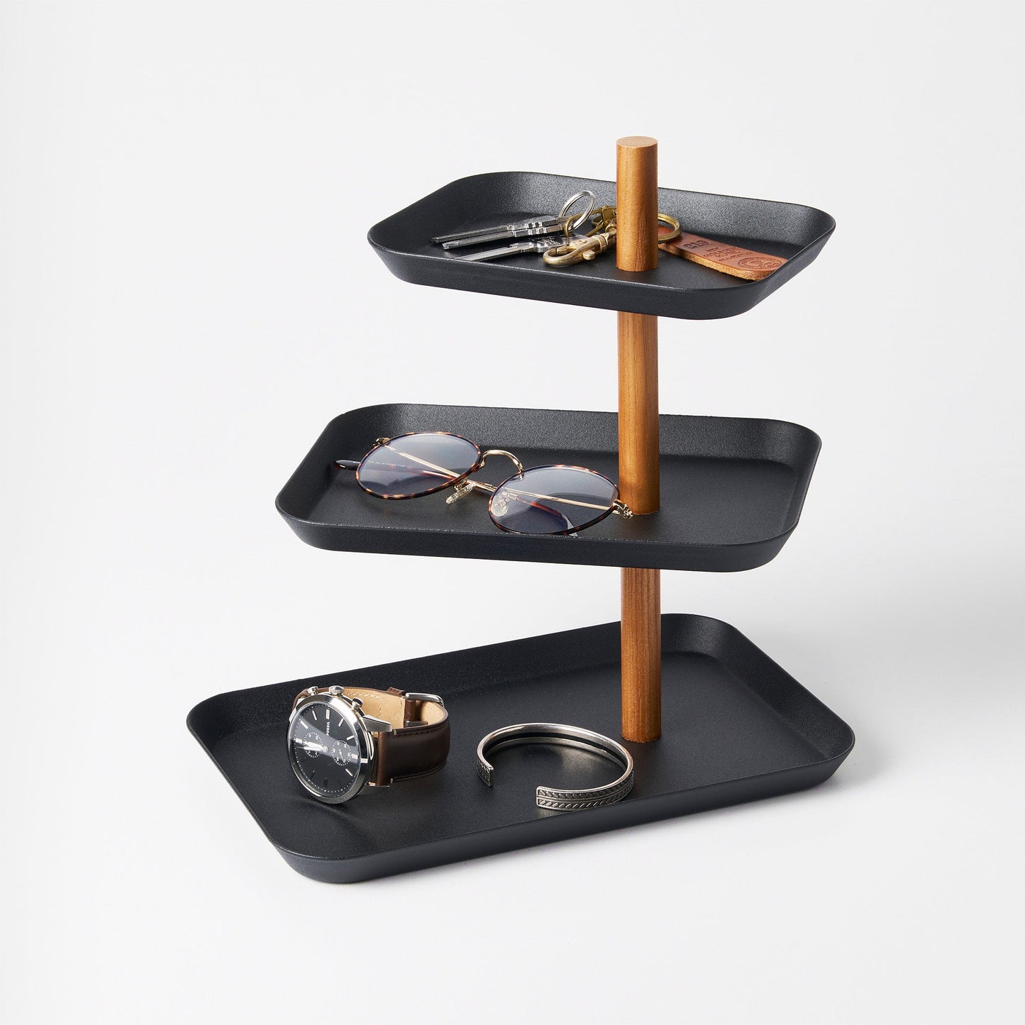 Three-Tier Steel Display Tray — Wood Rod Accent