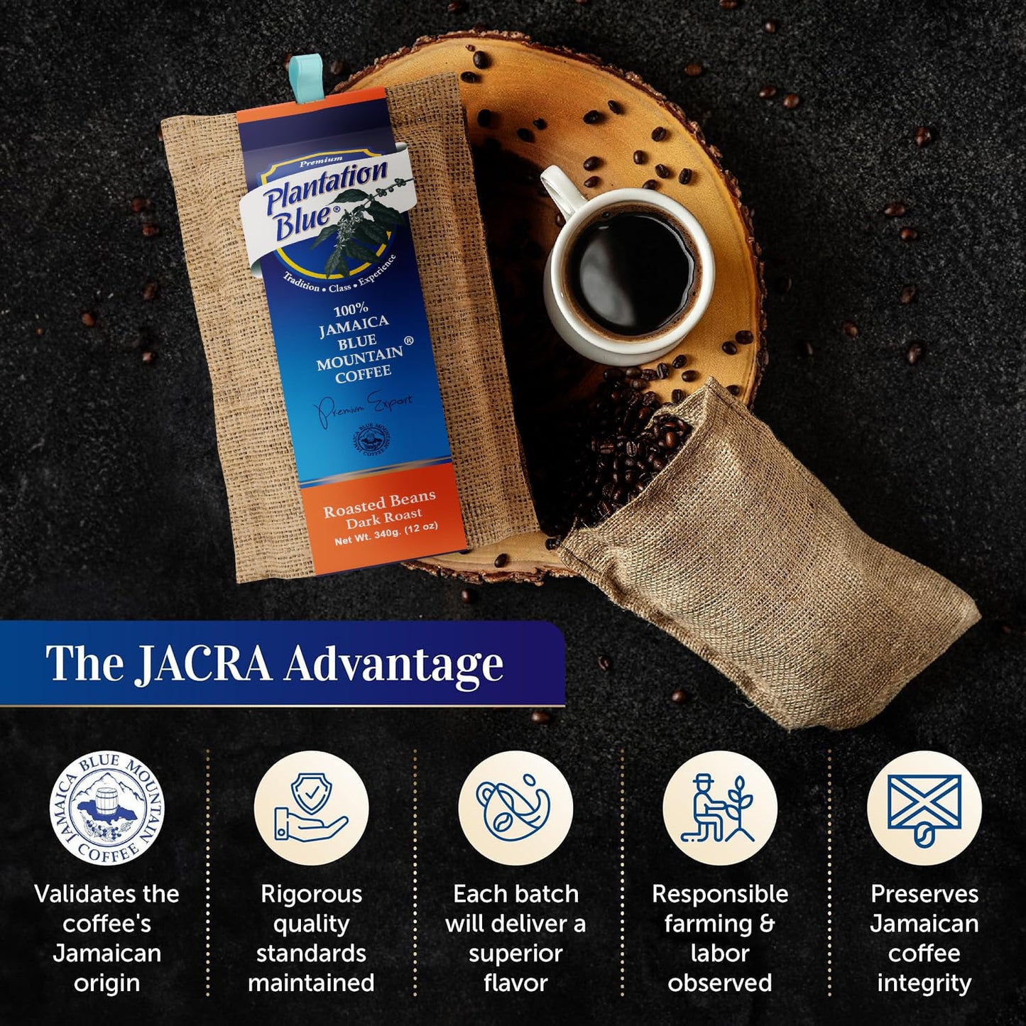 Plantation Blue Jamaica Blue Mountain Dark Roast Coffee 12oz Gift Bag