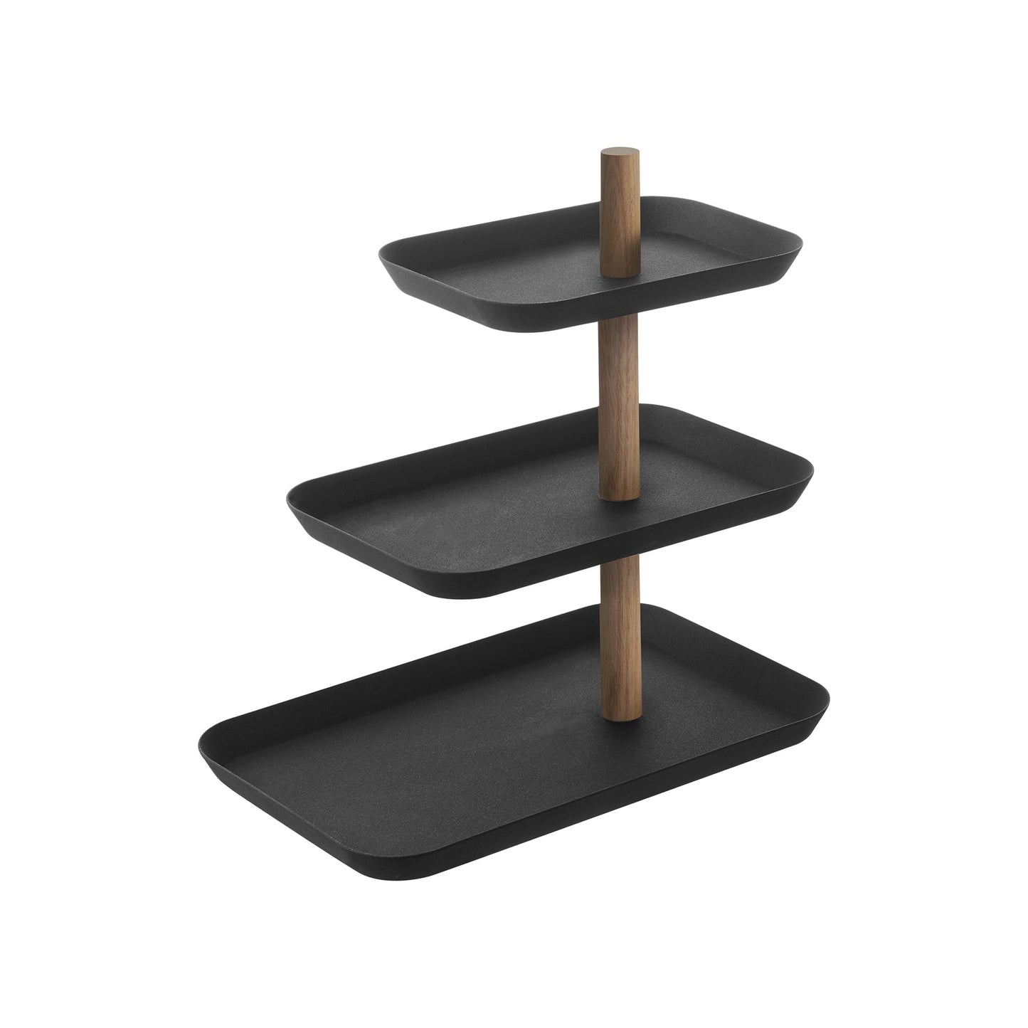 Three-Tier Steel Display Tray — Wood Rod Accent
