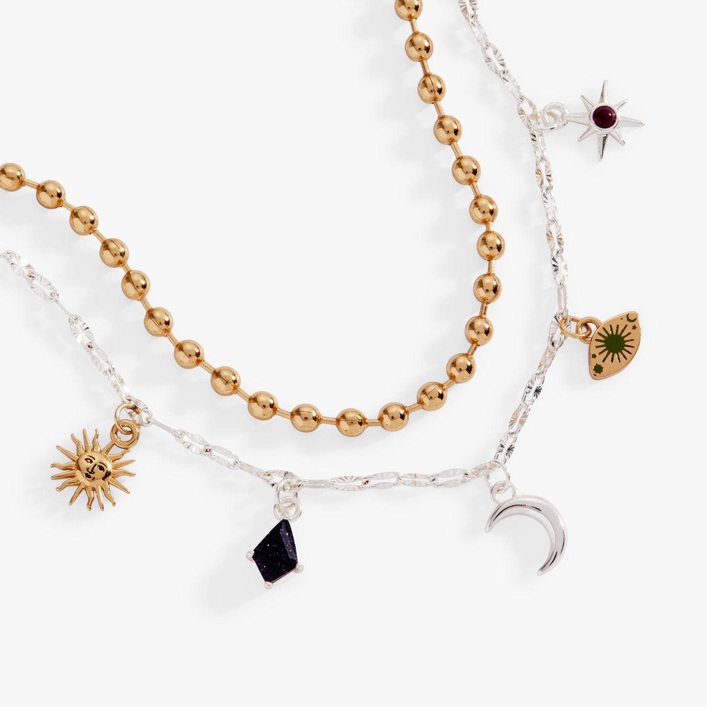 Moon Magic Two Row Charm Bracelet with Evil Eye and Sunstone Gift Gift