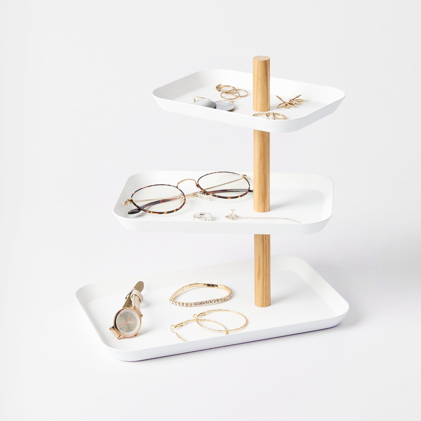 Three-Tier Steel Display Tray — Wood Rod Accent