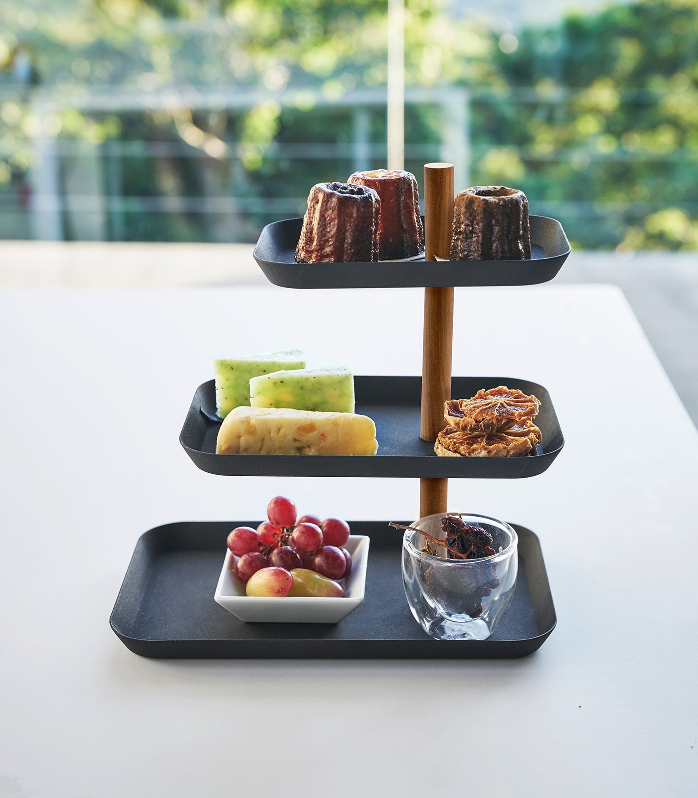 Three-Tier Steel Display Tray — Wood Rod Accent