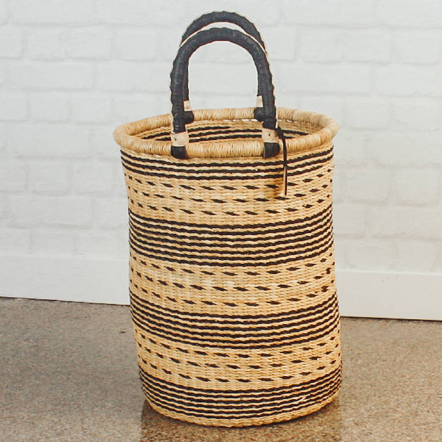 Bolga Handwoven Laundry Hamper in Natural Palette with Leather Handles