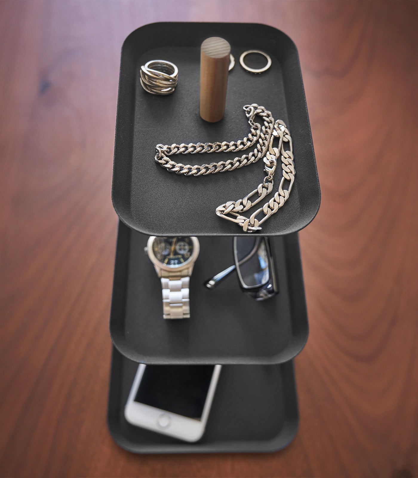 Three-Tier Steel Display Tray — Wood Rod Accent