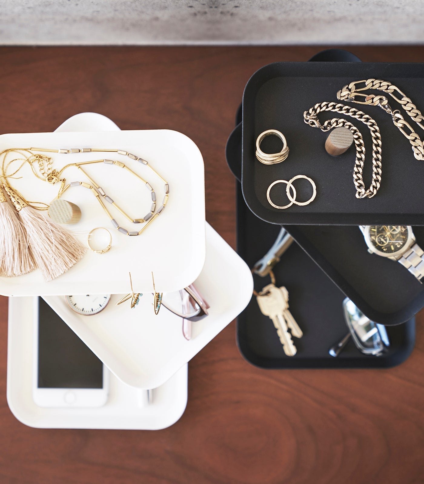 Three-Tier Steel Display Tray — Wood Rod Accent