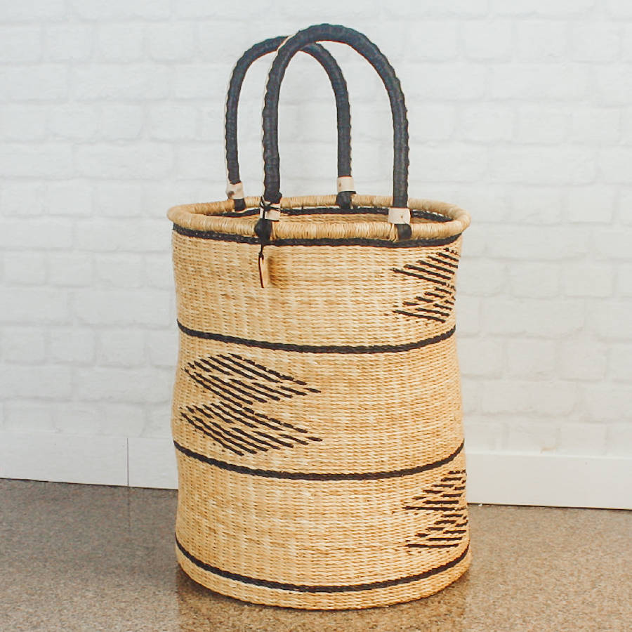 Bolga Handwoven Laundry Hamper in Natural Palette with Leather Handles