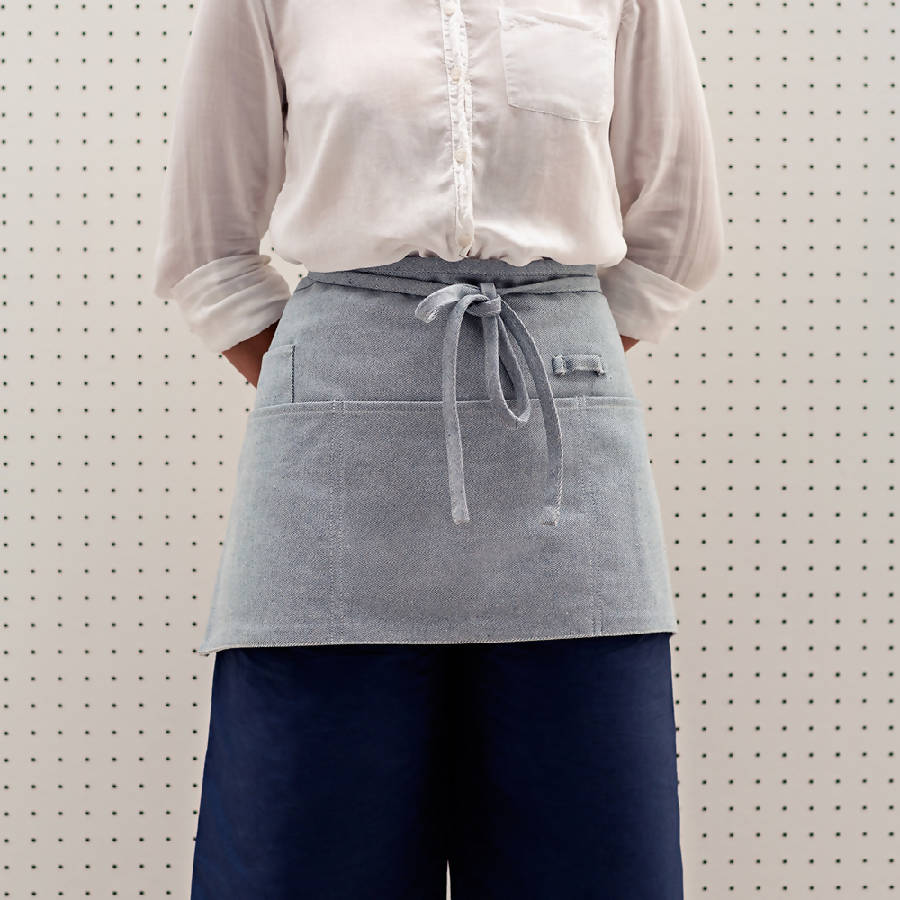 Blue Waist Apron, Unisex with Three Pockets and Utility Loop